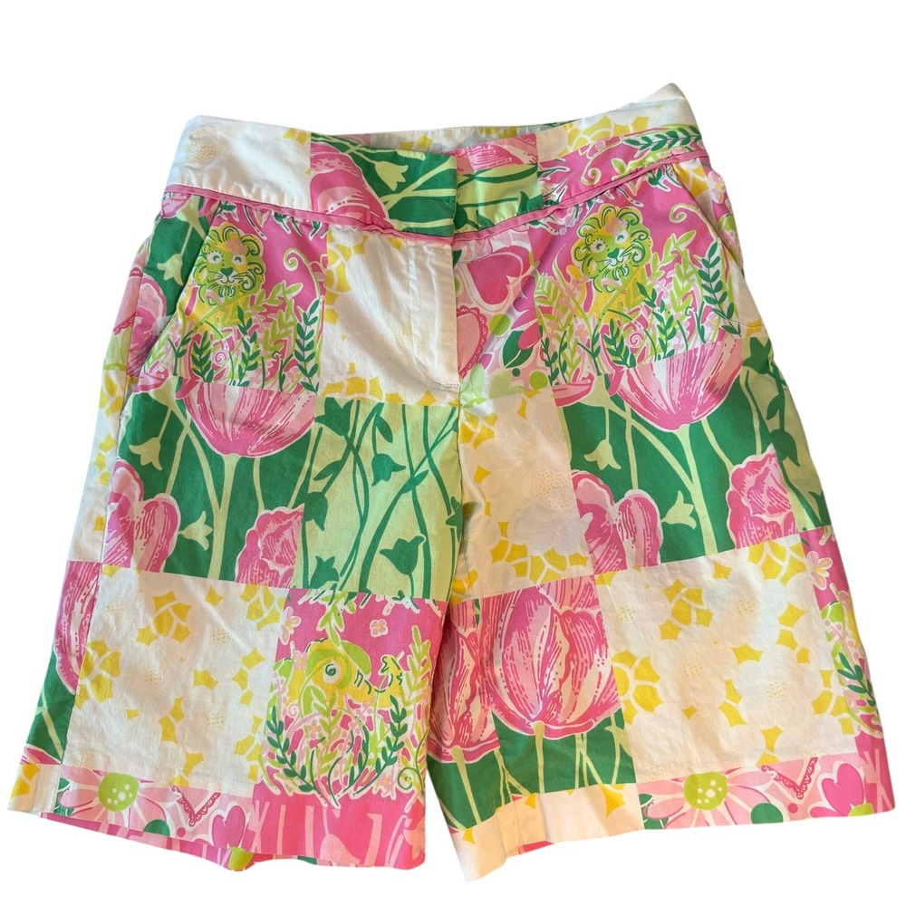 Lilly Pulitzer green and pink patchwork Bermuda shorts. Size 0. GUC